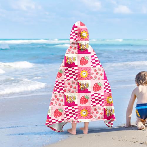 Image of Fruits Girls Beach Towel with Hoodie for Kids Toddlers Age 4-8, Pink Yellow Bath Towels Shower Wrap for Girls, Hooded Poncho Beach Blanket for Pool Swimming Cute Wearable Bath Towel for Child