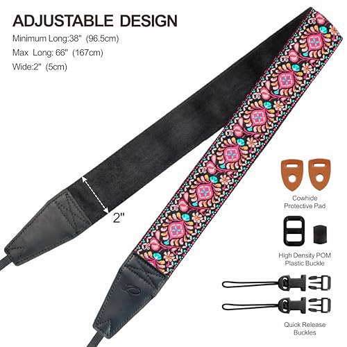 Image of Padwa Lifestyle Pink Flower Camera Strap - 2 inch Full Grain Leather Ends Camera Straps for Photographers, Vintage Embroidered Cotton Weave Soft Suede Fabric Padded Strap Quick Release fits All Cameras