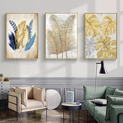 Impressions sur toile de feuilles dorées et plumes bleues 3 toiles 50x70 cm sans cadre