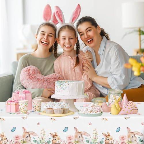 Vanulus-3Pcs-Spring-Easter-Bunny-Party-Tablecloth-Cute-Rabbits-Pink-Floral-Disposable-Plastic-Table-Cover-Rectangle-Table-Cloth-for-Spring-Farmhouse-Picnic-Dinner-Table-54x108Inch Vanulus 3Pcs Spring Easter Bunny Party Tablecloth Cute Rabbits Pink Floral Disposable Plastic Table Cover Rectangle Table Cloth for Spring Farmhouse Picnic Dinner Table 54x108Inch