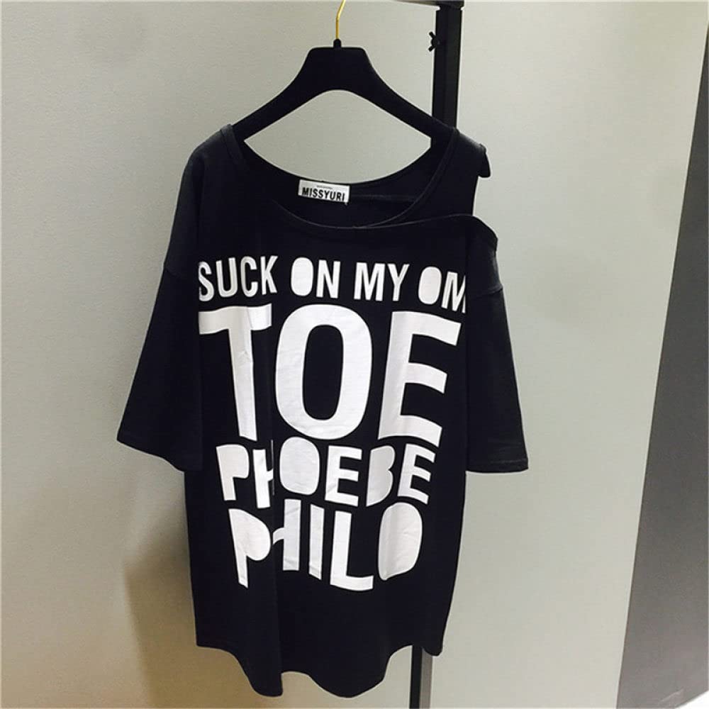 FDIO Ladies Tops, Plus Size Tops Round Neck Loose Off The Shoulder Short Sleeve Blouses Black White Printed Summer Leisure Sport for Girls Womens