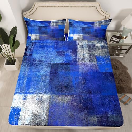Erosebridal Blue Grey Fitted Sheet Full Size,Abstract Ombre Bed Sheets for Teens Youth,Modern Watercolor Bed Set,Oil Painting Contemporary Bedding Set with 2 Pillowcases Ultra Soft