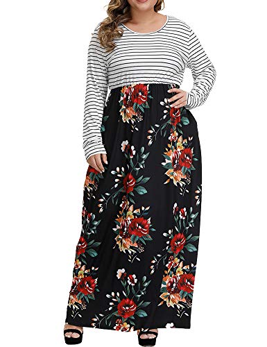 Allegrace Women Plus Size Casual Dress Floral Print Long Dresses Striped Pockets Long Sleeve Maxi Dress P73 Red Flowers Black 4X