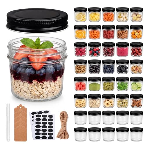 QAPPDA 40 Packs 4oz Glass Mini Mason Jars with Lids(Black), Clear Glass Jars Small Spice Canning Jars for Honey, Jam, Jelly, Wedding Favors, DIY Party Favors, Kitchen Food Storage