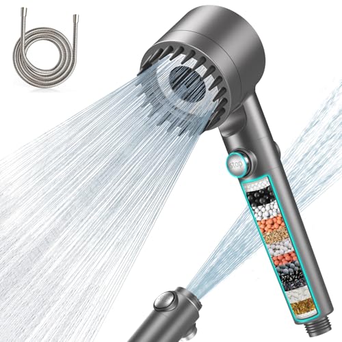 MEKO Duschkopf mit Filter in 15 Schichten, Hochdruck Handbrause mit 1,5 M Schlauch, 3+1 Strahlarten, Shower Head für Entfernen vom harten Wasser, Rest-Chlor, Bakterien und Schwermetall, Grau