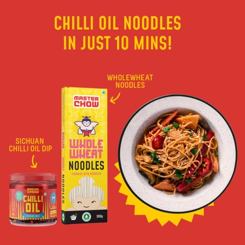 Image of MasterChow Sichuan Chilli Oil Whole Noodle Pack - Spicy & Crunchy Chilli Oil Dip With Healthy Whole Wheat Noodles | 100% Veg & All Natural In Just 10 Minutes | Serves 4-5 Meals, 830 Gram