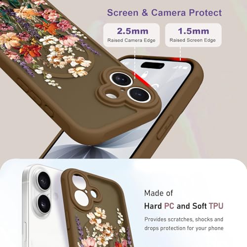 Image of Magnetic for iPhone 17 Case for Women Girls, Brown Floral | Cute Oil Painting Flower Pattern Design [Compatible with MagSafe] [Full Camera Protection] Slim Bumper Matte Protective Cover