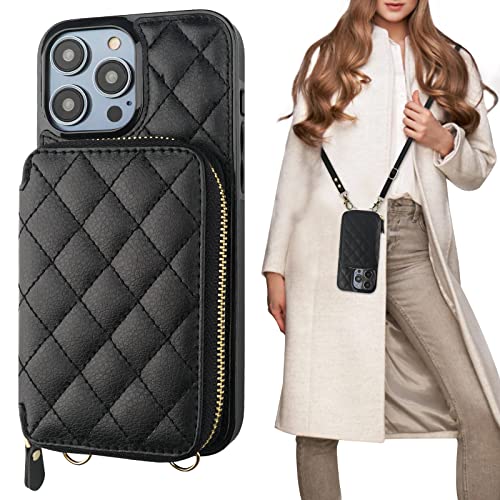 Bocasal Crossbody Wallet Case for iPhone 14 Pro RFID Blocking PU Leather Zipper Handbag Purse Flip Cover Kickstand Folio Case with Card Slots Holder Wrist Strap Lanyard 5G 6.1 Inch (Black)