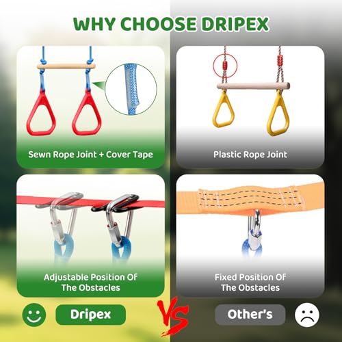 Ninja Warrior Obstacle Course for Kids Backyard - 2×50ft Slackline Kit with 10 Most Complete Accessories for Boys & Girls, Swing, Rope Ladder, Gymnastic Ring, Climbing Net, Arm Trainer and Monkey Fist