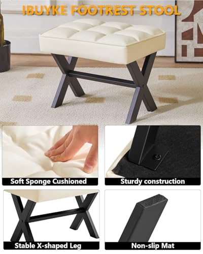 Image of IBUYKE Small 12 inch H Footrest, Square PU Step Stool, White WBD012W | Foot Stool Metal X-Leg Multi-Use Small Side Table Living Room Bedroom Entryway Office
