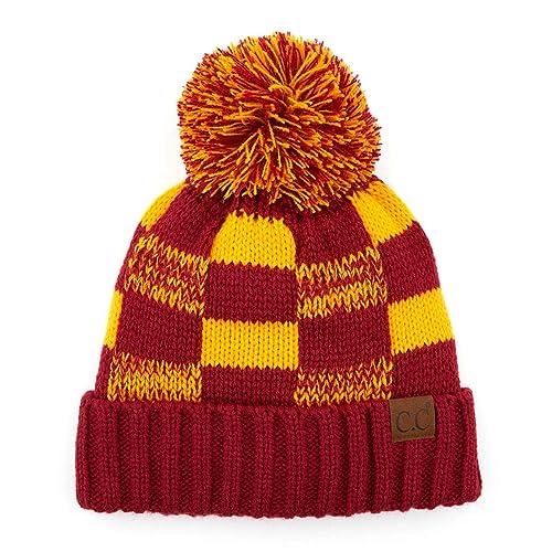 C.C Multi Blend Pom Soft Fuzzy Lined Thick Knit Cuff Beanie Hat, Checkered Maroon/Gold