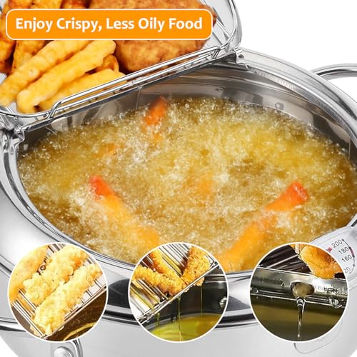 Friteuse japonaise Tempura en acier inoxydable avec tamis, thermomètre et couvercle, mini friteuse à huile de 2,2 l (Deep Fryer) pour la cuisine, idéale pour les frites, les ailes de poulet et les – Image 5