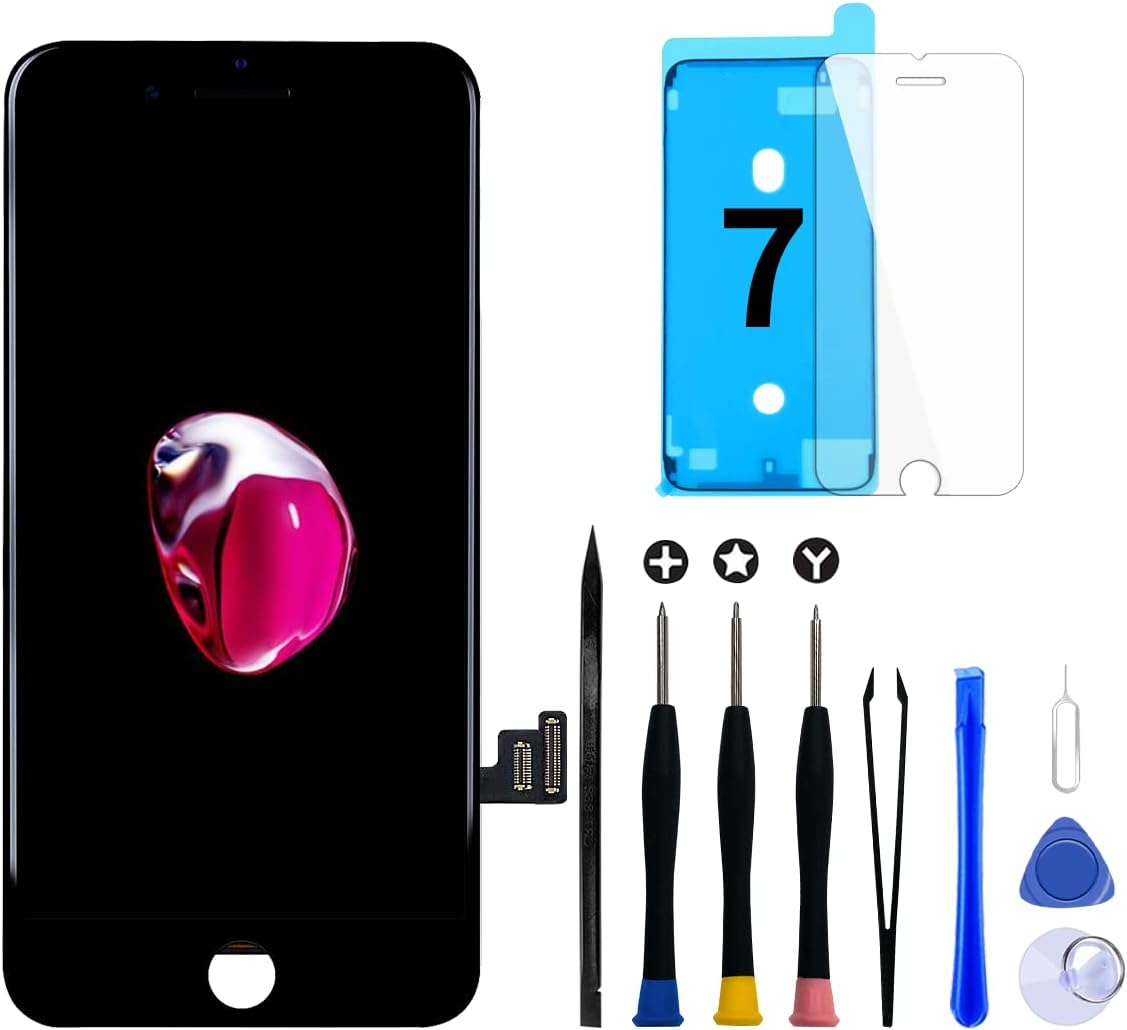 for iPhone 7 Screen Replacement Black,4.7" 3D Touch LCD Screen Digitizer Replacement Fully Frame Display Assembly Set with Repair Tool kit + Tempered Glass Screen Protector + Instruction
