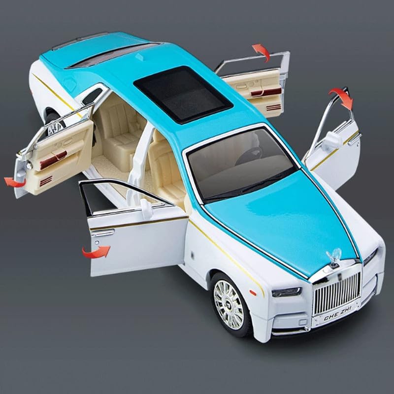 Image of Kids Model 1:24 Rolls-Royce Phantom Die Cast Metal Car Pull Back Action Opening Doors with Realistic Engine Sound Lights Toy Car Gift for Boys -Blue
