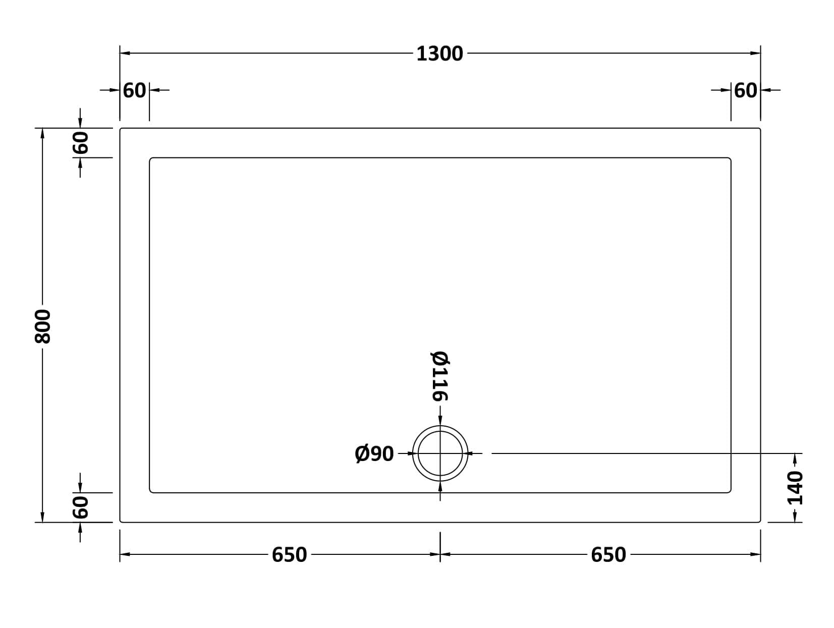 Pearlstone prostokątny brodzik prysznicowy (odpady nie są dołączone) - 1300 mm x 800 mm - biały
