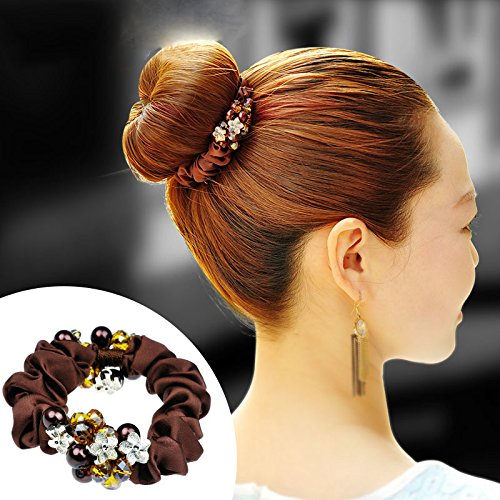 HOCONO Elegant Crystal Hair Scrunchies Cloth Scrunchy Bobbles Elastic Hair Bands Ties Hair Accessories Fashion Wrist Band for Women Girls Pony Tails and Buns (Coffee)