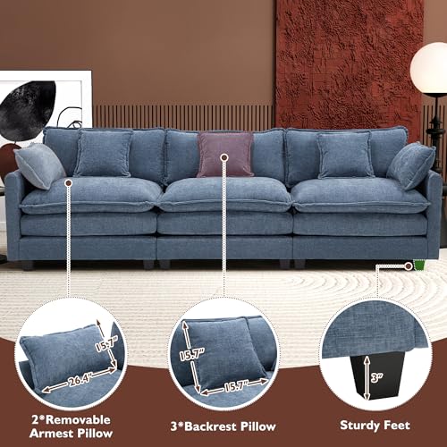 Image of Ihanherry 111.4 Inch 3-Seater Cloud Sofa, Modular Sectional Couch, Modern Deep Seat Sofa for Living Room, Comfy Double Layer Upholstered Seat Cushion, Breathable Chenille Fabric, Blue