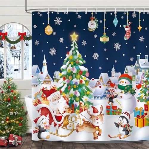 Bonhause Christmas Shower Curtain, Xmas Tree Winter Snowman Cute Santa Claus Bathroom Curtain 180 x 180 cm Waterproof Mildew and Mould Resistant Polyester Fabric Bath Curtain with 12 Hooks