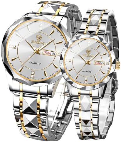 Valentines Couple Pair Watches Men and Women Luminous Calendar Waterproof Gold Silver Stainless Steel Quartz Watch Blue Face his and Hers Watches Set Lovers Set of 2