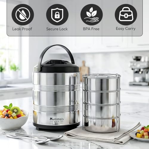 Image of Mumma's LIFE Lunch Box Steel Stainless | 4 Container Multipurpose Dishwasher Safe Tiffin Box for Office Use & School | Silver Finish Meal Carrier for Daily Use