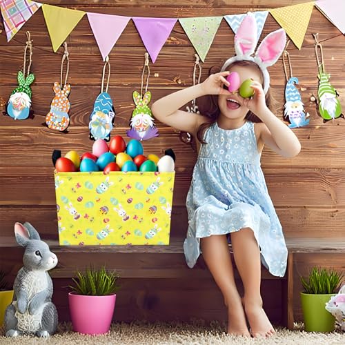 Image of Large Empty Easter Basket for Kid Yellow Fabric Personalized Bunny Eggs Easter Gift Basket for Boy and Girl (Rabbit Chicken)