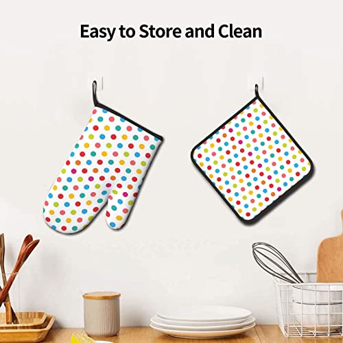 Polka Dot Oven Mitts And Pot Holders Sets 2 Pcs Set, Heat Resistant And Waterproof Kitchen Oven Mitts Soft Cotton Lining Gloves For Microwave Cooking Baking Grilling #TOP5