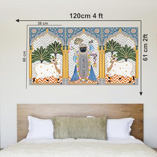 Image of Ridit Creation Shrinathji Wall Poster Set of 3 with Sacred Cow & Traditional Temple Arch Design | Indian Spiritual Religious Wall Art for Living Room, Bedroom, Pooja Room & Mandir Decoration