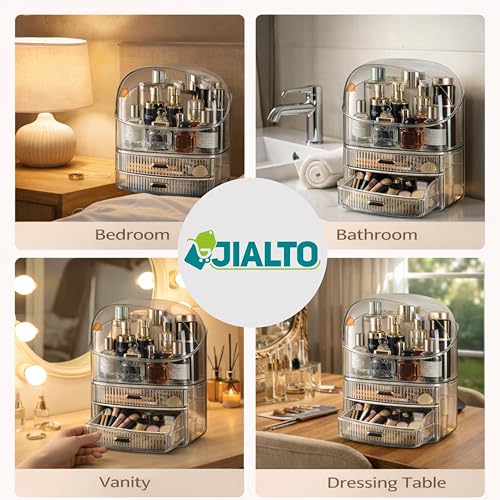 Image of JIALTO Makeup Organizer with Drawer Storage, Transparent Cosmetic Organizer Box with Dustproof Cover, Skincare & Perfume Storage Case for Dressing Table, Bathroom Vanity Organiser for Women (Brown)