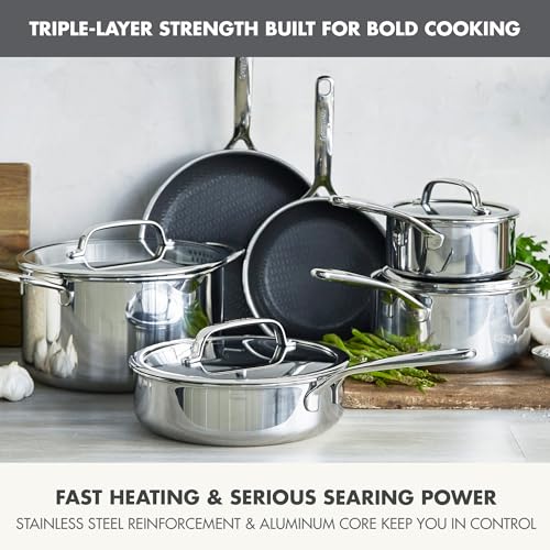 Image of GreenPan Spectra 10 Piece Cookware Set,Hybrid Tri-Ply Stainless Steel, PFAS-Free Ceramic Nonstick Textured Cooking Surface,Induction Pots & Pans with Lids, Dishwasher Safe,Oven & Broiler Temp to 850˚F