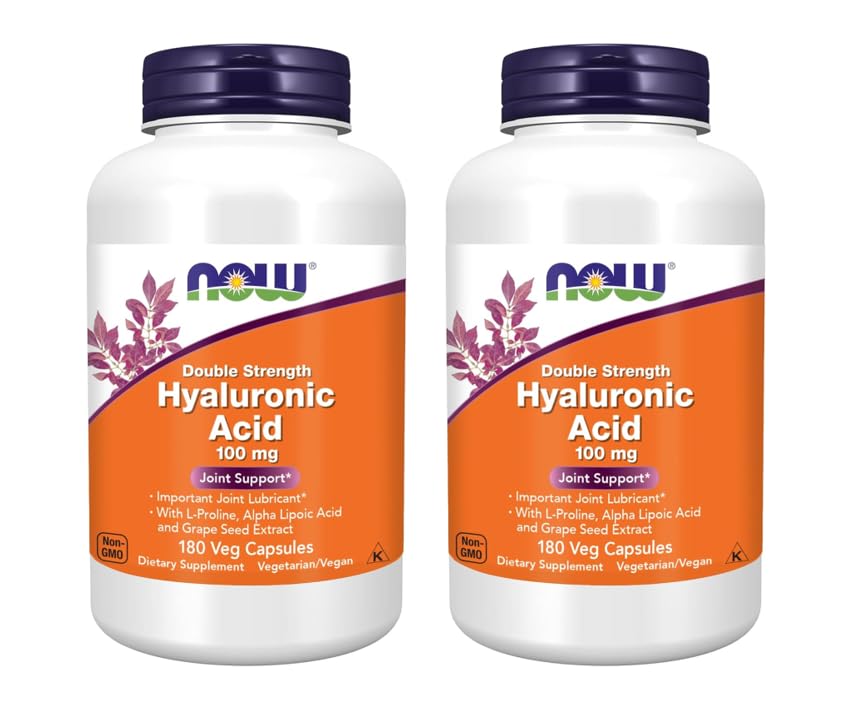 NOW Foods Supplements, Hyaluronic Acid 100 mg, Double Strength with L-Proline, Alpha Lipoic Acid and Grape Seed Extract, 180 Veg Capsules (Pack of 2) 180 Count (Pack of 2)