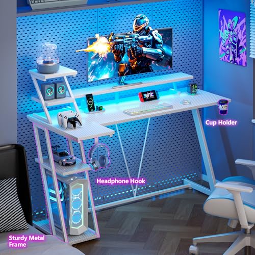 Image of Korfile 55 Inch White Gaming Desk with LED Lights & Power Outlet, Gaming Computer Desk with Storage Shelves, L Shaped Gamer Workstations with Monitor Stand for Bedroom