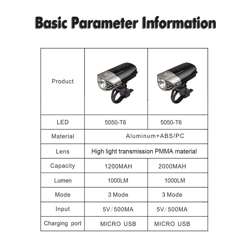 Lampe Frontale de vélo Rechargeable USB LED T6, étanche, Accessoire de Lampe Torche pour vélo, Noir, 1200 mAh