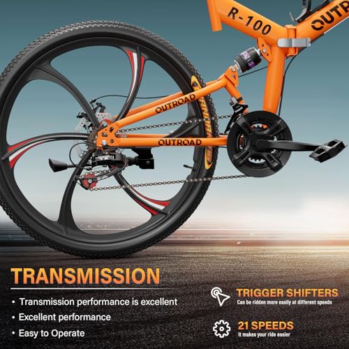26 Inch Carbon Steel Frame Folding Mountain Bike, 21 Speed, Double Disc Brake, Dual Suspension(Black/Green/Orange)