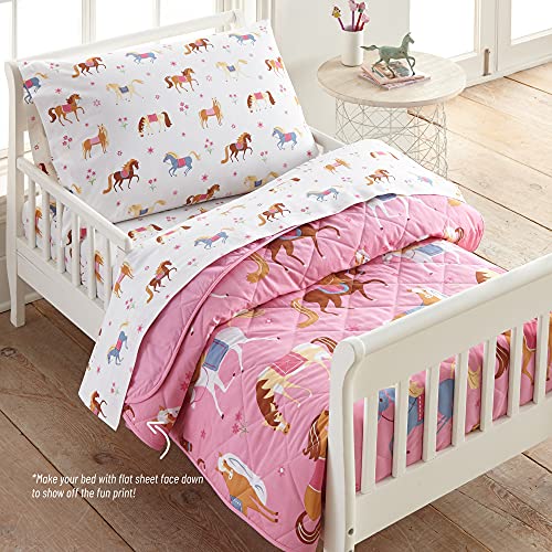 Wildkin 100% Cotton 4 Piece Toddler Bed-In-A-Bag For Boys & Girls, Bedding Set Includes Comforter, Flat Sheet, Fitted Sheet & Pillowcase, Bed Set For Cozy Cuddles (Horses) #TOP6