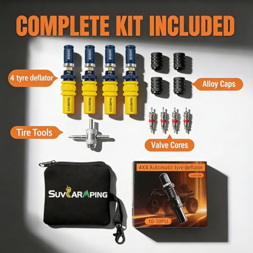 Image of SUVCARMPING Adjustable Auto-Stop Tire Deflator Valve Kit (10-30 PSI) 4 PCS Screw-on Tyre Air Down Tool for Offroad 4x4,(MS-TD03)