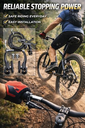 Image of Universal Bicycle V-Brake Set Front & Rear - Alloy Rim Brake Kit with Levers, Cables & Pads | Complete Mechanical Cycle Brake Replacement for MTB, Road & Hybrid Bikes (Black)