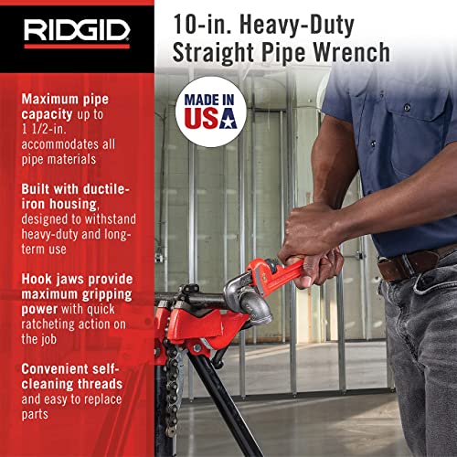 Image of RIDGID 31010 Model 10 Heavy-Duty Straight Pipe Wrench, 10-inch Plumbing Wrench, Red, Black, 250mm (10in)