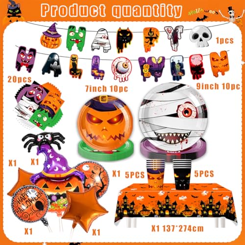 Halloween Party Tableware Set for 10 Halloween Paper Plates & Balloons Kit with Plates,Cups,Napkins,Tablecloth, Banner & Foil Balloons Trick-or-Treat Theme Party Supplies for Kids & Adults - Image 2