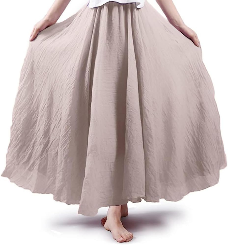 Women Bohemian Style Elastic Waist Band Cotton Linen Long Maxi Skirt Dress