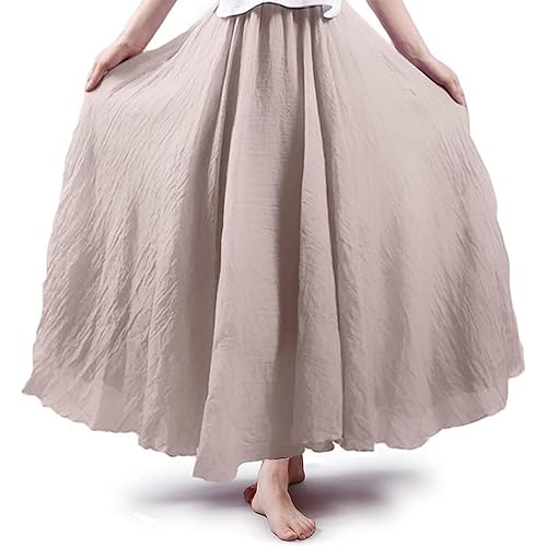 ASHER FASHION Women's Bohemian Style Elastic Waist Band Cotton Linen Long Maxi Skirt Dress
