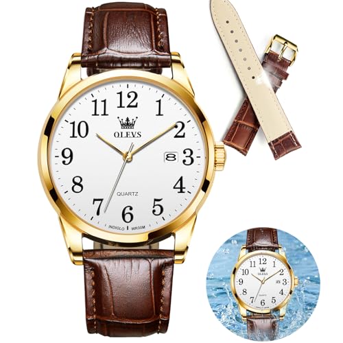 Image of OLEVS Watch Men Mens Watches Watches for Men Leather Band Classic Brown Leather Watch Men, Analog Watch Men, Black Mens Leather Watch, Dress Waterproof Large Face Mens Watch,Relojes para Hombres Watch