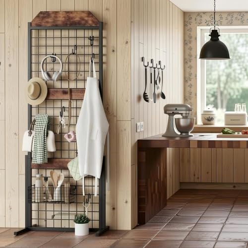 Image of HOOBRO Grid wall Panel units 5.6' x 1.7' Ft Grid Display Rack, Gridwall Panel Display Stands with 5 Garment Hooks & 5 S-Hooks, Wire Grid Display Rack, for Retail Show, Rustic Brown and Black BF45DC01