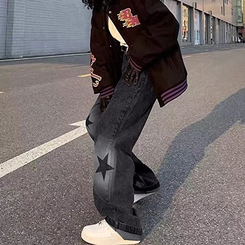 Womens Girls Boyfriends Jeans High Waist Baggy Denim Pants Straight Wide Leg Jeans Stars Print Y2K Trousers Streetwear3