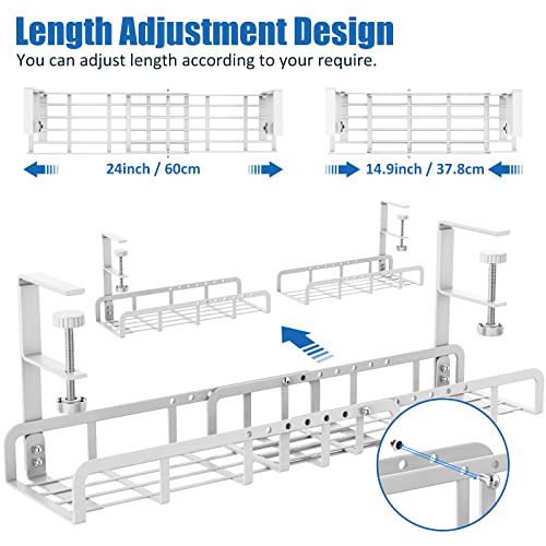 Upgraded Retractable Under Desk Cable Management Tray, 24 Inch Adjustable Under Desk Cord Management Keep Your Cables Organized And Tidy, No-Drilling Wire Management Tray For Home Office (White) #TOP1