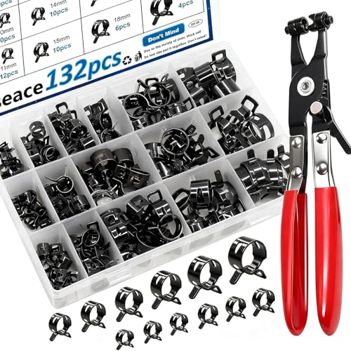 Image of smseace 132Pcs 6-25mm Spring Hose Clamps With Hose Clamp Plier 16-sizes Constant Tension Hose Clamp used for Fuel Line，Vacuum Hose，Air Hose Spring Band Hose Clamp Kit