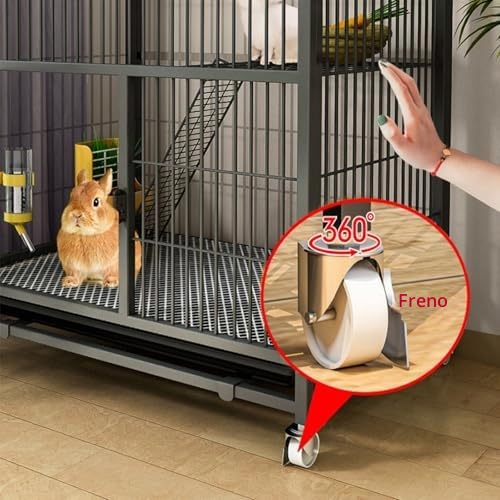 Jaula de conejo para interiores con bandejas extraíbles profundas y ruedas universales de 360°, diseño de doble puerta, red de alambre de metal audaz