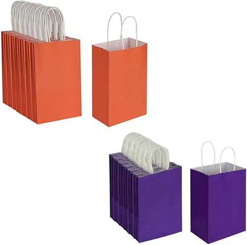 Cada paquete de 100 bolsas pequeñas de papel kraft naranja y morado con asas a granel
