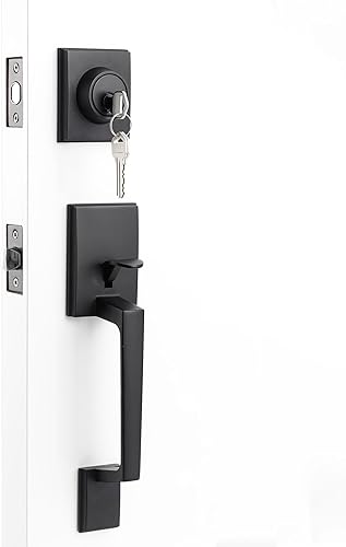 PexFix Juego de manijas de puerta delantera, juego de cerraduras de puerta de entrada, color negro mate, con cerrojo de un solo cilindro y manija de