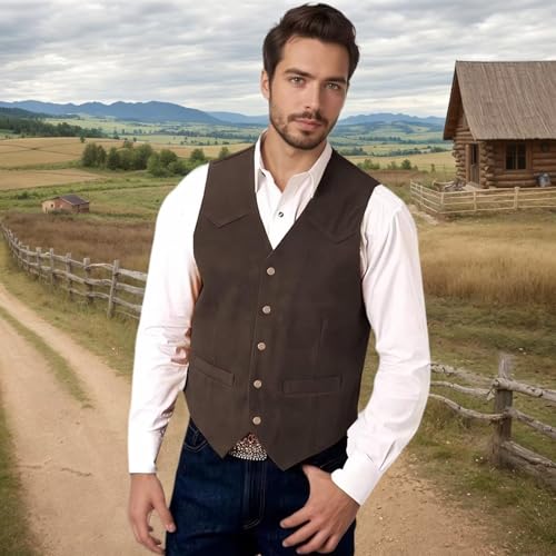 Mens Vests Suede Leathe Western Cowboy Vest Slim Fit Vintage Sleeveless V Neck Casual Waistcoat3