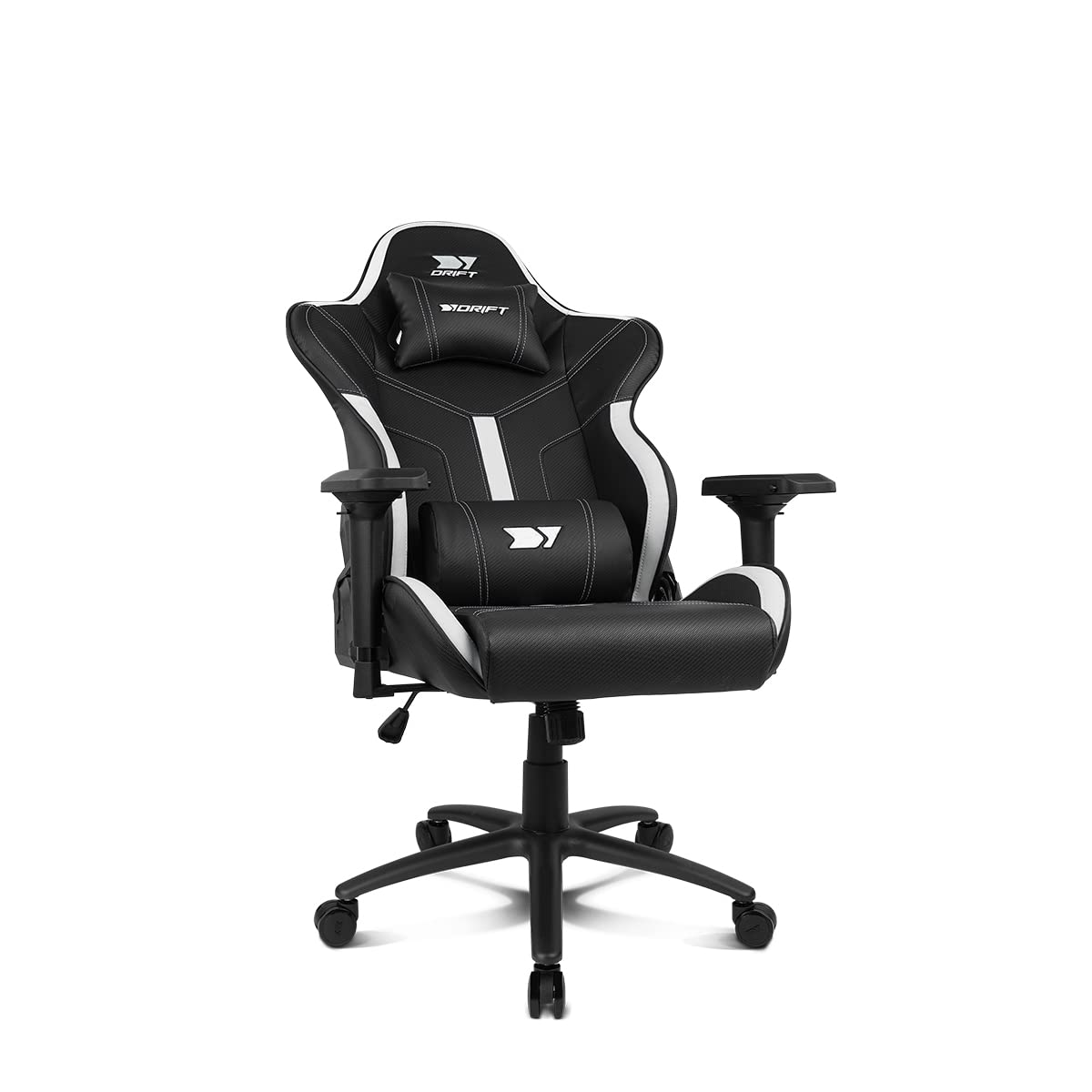 DRIFT GAMING DR350 – Ergonomischer Profi-Gaming-Stuhl mit 4D-Armlehnen, Lenden- und Nackenkissen, 135° neigbar, Leise Rollen, Schwarz/Weiß
